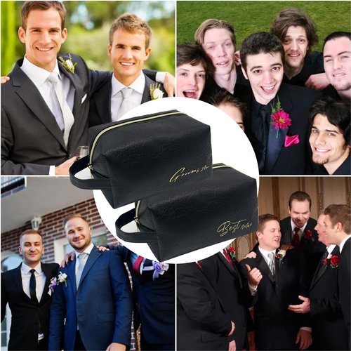 HXYCNNA 7 Sets Groomsmen Gifts Toiletry Bag Leather Cosmetic Bags Groomsmen Gift Water Resistant Toiletry Case with Zipper Shaving Bag Bowknot Greeting Card for Wedding Gift Bag (Black)