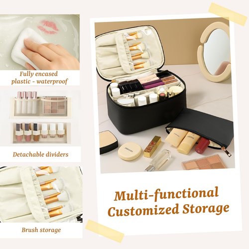 YEEYAA Travel Makeup Bag Toiletry Bag Waterproof Large Capacity Cosmetic Bags for Women Portable Make up Organizer Pouch With Divider Vegan Leather 2PCS Gifts for Mother Girls Black