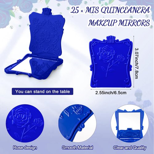 Wenqik 25 Set Quinceanera Party Favors for Guests Include Rose Compact Mirror Quinceanera Card and Organza Bag Mis Xv Años Sweet 15th Birthday Party Favors (Blue)