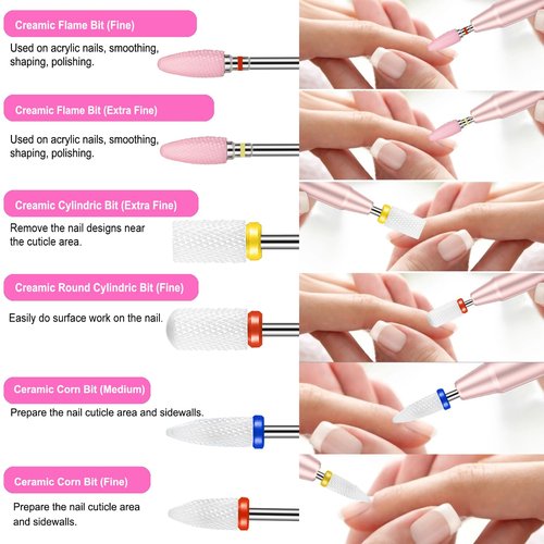 Cellentool 30Pcs Nail Drill Bits Set with Rhinestone Storage Box, 3/32 Inch Ceramic Diamond Carbide Nail Drill Bits for Acrylic Gel Polish, Cuticle Efile Remover for Manicure (Pink)