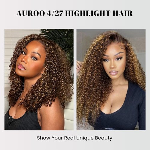 AUROO #P4/27 Highlighted Kinky Curly Single Bundles Human Hair 12Inch, 12A 100% Virgin Honey Blonde Highlight Brazilian Tight Curly Bundles Thick Track Brazilian Ombre Brown Colored Weaves Sew In Remy