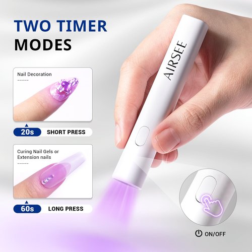 AIRSEE Mini Handheld UV Light for Gel Nails,Portable Rechargeable Nail Lamps,2 Timers for Fast Nail Extension,Rhinestone Glue Decoration,Gel Nail Strips at Home,Travel(White)