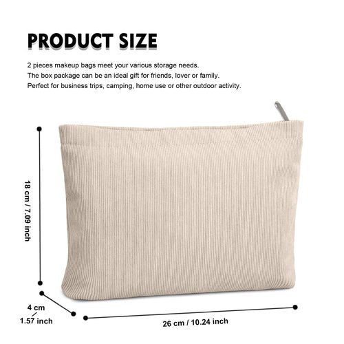 FITDON 2PCS Cosmetic Bags for Women Makeup Bag for Purse Small Corduroy Makeup Pouch Travel Make Up Bag with Zipper Toiletry Bag Organizer, Beige