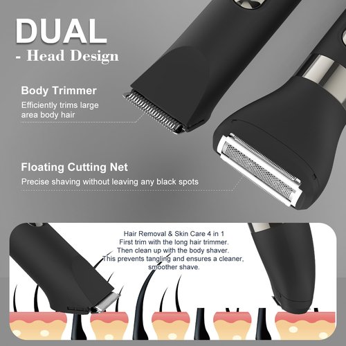 Hatteker 4 in 1 Multifunctional Dual - Head Body Hair Trimmer for Men, IPX7 Waterproof Groin & Body Hair Groomer, Rechargeable Body Electric Shaver Razor