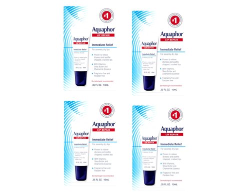 Aquaphor Lip Repair Ointment - Long-lasting Moisture to Soothe Dry Chapped Lips - .35 fl. oz Tube, 4 Pack