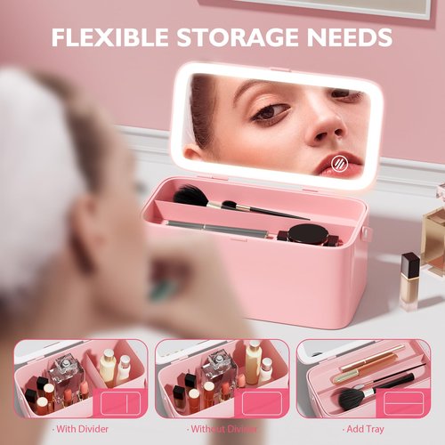 Bdjso Makeup Case with Mirror and Light - Portable Cosmetic Box Rechargeable with 3 Color Mode and DIY Partitions for Women Girls (Pink B)