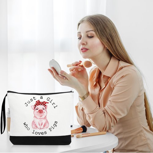 Dansydaisy 3 Pcs Pigs Lover Gift for Women Pink Pig Canvas Tote Bag Travel Cosmetic Bags Keychain Portable Makeup Zipper Pouch with Handle Funny Piggy Shopping Birthday Vbs Housekeepers Week Gift