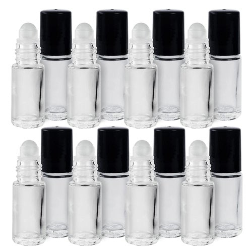 Super Z Outlet Clear (1/6 Oz/5 ml) Plain Glass Container Tubes Roll-On Bottles with Ball Tips and Black Caps for Homemade Lip Care Products, Essential Oils, Cosmetic Gift, Perfumes (24 Pack)