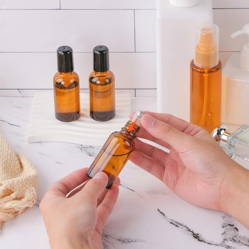 RAMFIYN 6 Pack Amber Roller Bottles for Oils 30ml Refillable Roller Ball Applicator for Travel Glass Roller Bottles with Filling Tool Set and Label