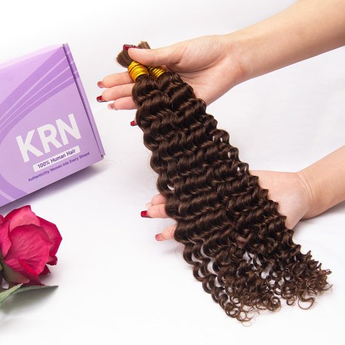 KRN Human Braiding Hair for Boho Braids, 100g/Pack (2 Bundles) Deep Curly Human Hair for Braiding No Weft 12A Grade Brazilian Virgin Hair Boho Braids Color 4# 16Inch