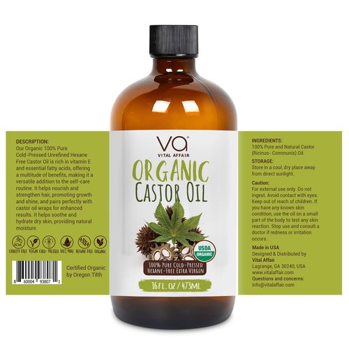 VITAL AFFAIR Pure Castor Oil Organic Cold Pressed Unrefined Glass Bottle-USDA Certified for Castor Oil Pack Wrap for Face,Hair Growth,Eyelashes,Eyebrows-16oz