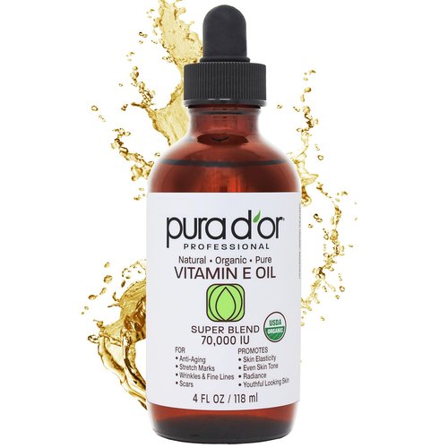 PURA D'OR 4 Oz Vitamin E Oil Blend 70,000 IU & Rosehip Seed Oil Hair Relaxer 100% Pure Cold Pressed USDA Certified All Natural Moisturizer For Anti-Aging, Acne Scar Treatment, Gua Sha Massage