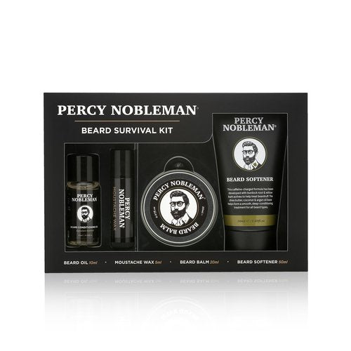 Percy Nobleman Beard Survival Kit, a Beard Grooming Kit containing a scented beard oil, beard balm, moustache wax, and a beard softener
