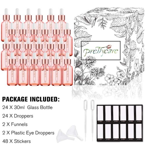 PrettyCare Glass Eye Dropper Bottles 24 Pack, 1oz (30ml) Rose Empty Thick Bottles Bulk with Leakproof Caps - With Labels & Funnels for Storage, Travel, Essential Oils, Cuticle Oils, Tinctures