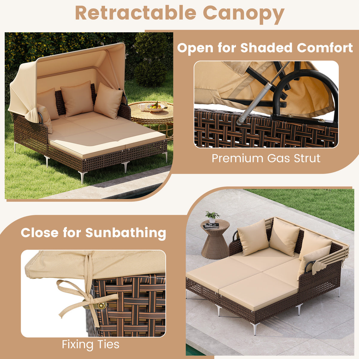 Outdoor Daybed with Retractable Canopy, PE Rattan - Brown