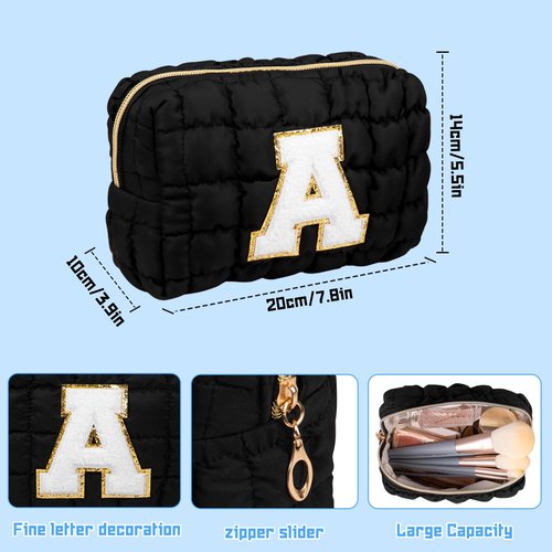 Initial Checkered Makeup Bag, Large Quilted Cosmetic Bag, Cute Make up Pouch for Purse, Travel Toiletry Storage Bag for Women Preppy Teen Girls Gift Trendy Stuff Gift (Black A)