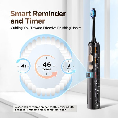 O.H.B Sonic Electric Toothbrush, Electronic 80° Wave Oscillation & Vibration Travel Sonic Toothbrush for Adults with 9 Modes, Timer, 2 Brush Heads, IPX8 Waterproof, Rechargeable, 60-Day Battery Life
