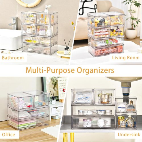 KOKOIN Stackable Makeup Organizer Storage Drawers Set of 6, Clear Plastic Organizer Bins for Beauty Supplies,Ideal for Vanity, Bathroom,Cabinet,Pantry Organization (2Long 4 Short)