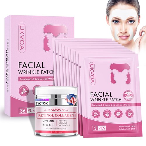 UKVOA Forehead Wrinkle Patches & Smile Line Patches, Overnight Facial Wrinkle Treatment with Hyaluronic Acid, Aloe, Collagen & Vitamin E to Lift Smile Lines for Women 36pcs with Face Retinol Cream