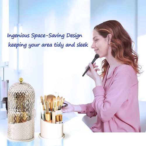 JIANGLAI Makeup Brush Holder with Lid, 360 Rotating Multifunction Clear Dustproof Skincare Cosmetic Tools Storage Organizer for Vanity Desktop Bathroom Countertop (Black)
