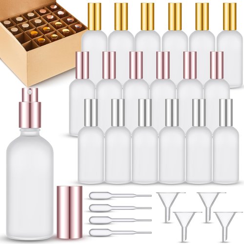 Teenyyou 18 Pack 3.4 oz Glass Spray Bottles, Empty Perfume Frosted Fine Mist Atomizer, Refillable Small Travel Containers for Cleaning Products, Essential Oils, Body Sprays- Gold, Rose Golden, Silver