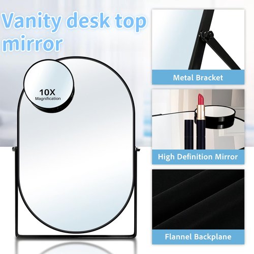 Adzyz Desk Mirror, Tabletop Vanity Mirror, 360°Adjustable Rotation Vintage Metal Framed Table Mirror with Stand and 10X Magnifying Room for Living Room, Bedroom, Tabletop, Bathroom (Black Oval)