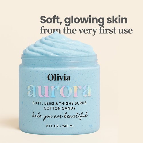 Olivia Aurora Butt & Thigh Scrub – Smooth & Hydrating Exfoliant for Legs and Glutes – Prevents Ingrown Hairs, Razor Bumps & Dark Spots – No Sugar, Vegan – 8 oz