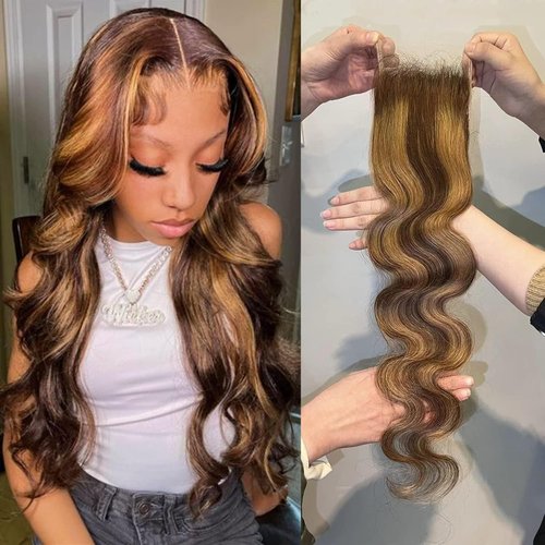 AUROO Honey Blonde Highlight Body Wave Closure Human Hair 12 inch, Ombre 4x4 Transparent Lace Closure Frontal Pre Plucked with Baby Hair Brazilian 12A Unprocessed Virgin Remy 4/27 Wavy Closure Sew In