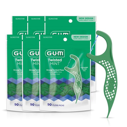 GUM Twisted Mint Floss Picks - Twisted Threads, Shred-Resistant Floss, Easy Grip Handle, 90 Count(Pack of 6)