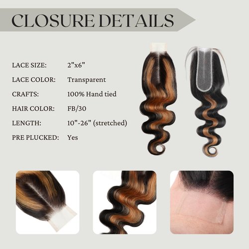 BQRIH F1B/30 Brown Highlighted 2x6 HD Closure Only Body Wave Human Hair 12 Inch, 12A 100% Virgin Remy Deep Middle Part Ombre Honey Blonde Highlight 2by6 Kim K Lace Closure Pre Plucked For Women Sew In