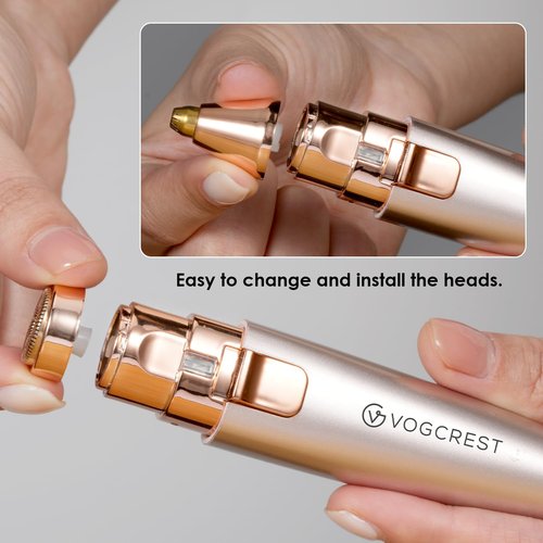 VG VOGCREST 2 in1 Eyebrow Facial Trimmer with Replacement Heads - Rechargeable Facial Hair Removal and Eyebrow Shaver - Face Lips Body Painless Facial Razor with Built-in LED Light (Rose Gold)