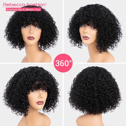 Rebecca Fashion Curly Bob Wig with Bangs Human Hair 10 Inch Short Curly Water Wave Bob Wig Human Hair Wigs for Black Women Glueless Wig 100% Brazilian Remy Hair Natural Color