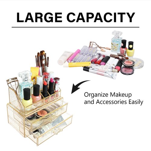 Ikee Design Acrylic Makeup Organizer with 2 Drawers Removable Top Lipstick Holders, Cosmetics Organizer for Skincare, Accessories, Lip Gloss for Vanity or Bathroom Countertop, Gold Glitter