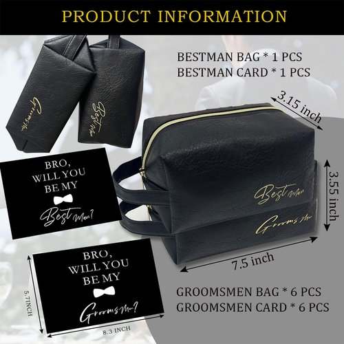 HXYCNNA 7 Sets Groomsmen Gifts Toiletry Bag Leather Cosmetic Bags Groomsmen Gift Water Resistant Toiletry Case with Zipper Shaving Bag Bowknot Greeting Card for Wedding Gift Bag (Black)