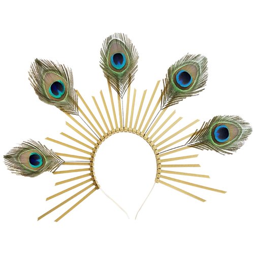 TCOMVEZ Peacock Feather Gold Halo Crown Sun Headband with Earrings Halloween Cosplay Festival Bridal Wedding Maternity Photoshoot Goddess Headpiece