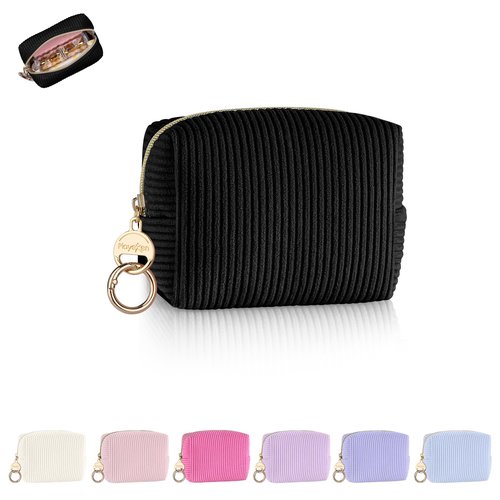 Playexen Mini Makeup Bag, Corduroy Small Cosmetic Bag for Purse with Ring Buckle, Portable Travel Makeup Pouch for Lipsticks, Chapsticks, Coin, Earphone, Credit Card (Black)