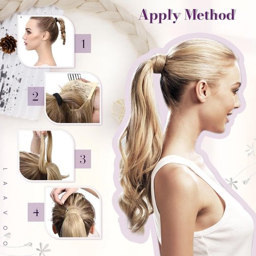 LaaVoo Ponytail Extension Human Hair Blonde Ponytail Hair Extensions Gloden Brown Highlight Blonde 12 Inch 70g
