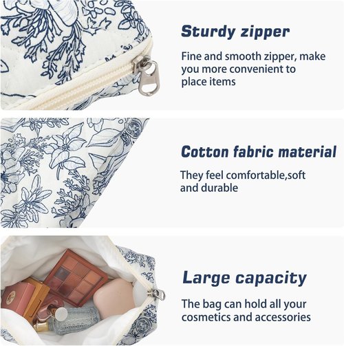 Quilted Makeup Bag Set 3 Pcs Cotton Cute Makeup Bags For Women Large Aesthetic Floral Cosmetic Bag Coquette Flower Makeup Pouch