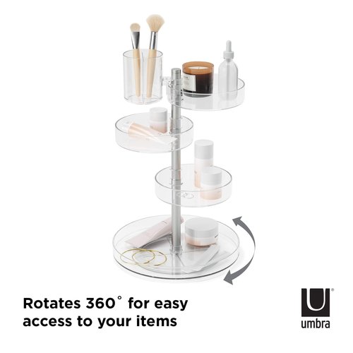 Umbra Pirouette Cosmetic Organizer, Large Capacity Makeup Storage with Adjustable Compartments, Clear/Nickel