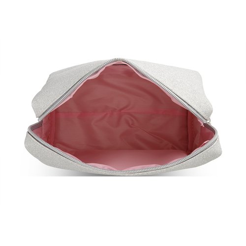 Juicy Couture Silver Makeup Bag Cosmetics Organizer Travel Essentials Zip Top Wedge Glitter
