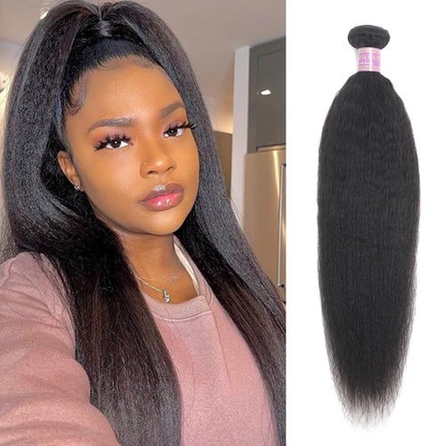 Kinky Straight Human Hair Bundles 16Inch Yaki Straight Human Hair Extensions 1 Bundles Unprocessed 100% Brazilian Virgin Kinky Straight Human Hair For Black Women Natural Black