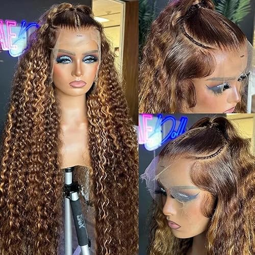 28 Inch 13x6 Highlight Ombre Deep Wave HD Lace Front Wigs Human Hair Pre Plucked 200% Density 4/27 Honey Blonde Glueless Curly Human Hair Wig for Women