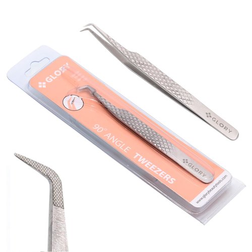 Glory 90 Degree Angle Lash Tweezers for Eyelash Extensions – Precision Fiber Tip Diamond Grip Stainless Steel Lash Tool for Mega Volume Classic & Professional Lash Tech Supplies