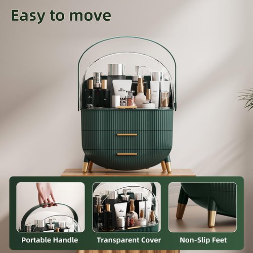 fanado Makeup Organizers Countertop, Makeup organization for Vanity, Cosmetic Storage with Lid and Drawers, Skincare Display Cases with for Desktop, Bathroom (Green)