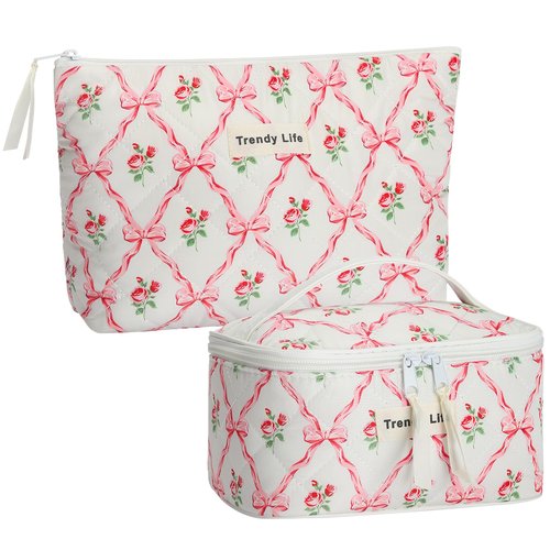 HAOGUAGUA 2 Pieces Makeup Bag, Small Large Quilted Cosmetic Bag, Travel Floral Make Up Toiletry Organizer Bag for Women Girls (2PCS STYLE B-1)