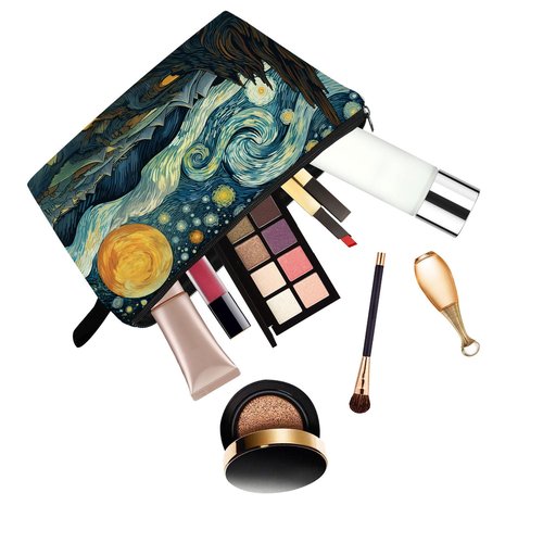 YULUENZE Starry Sky Makeup Bag Cute Small Organizer Bag with Zipper Oil Painting Style Starry Night Cosmetic Bag Birthday Gifts for Women Sisters Friends
