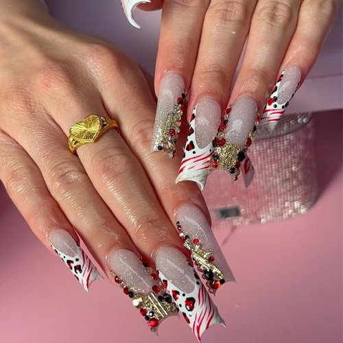 Pizadix 106 Pcs Gold Nail Charms with Dollars Sign, Coins, Cherries, Crowns, Guns and Bows for Nail Art Decoration Jewelry