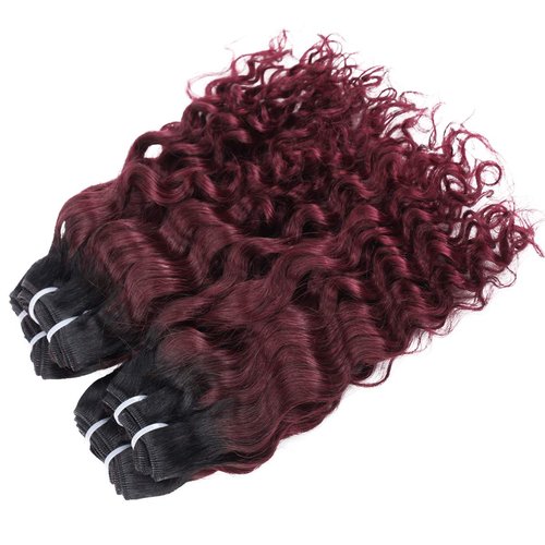 FASHION LINE 4 Bundles Deep Wave Short Bob Style Ombre 1B/99J Virgin Human Hair Bundles 50g Two Tone Burgundy Red Brazilian Hair Weave 12”