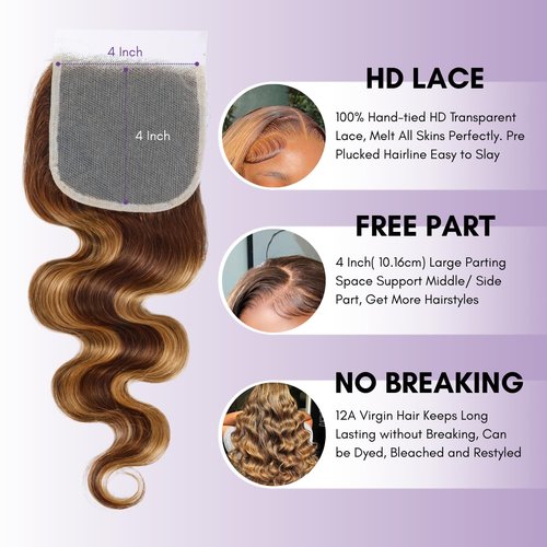 AUROO Honey Blonde Highlight Body Wave Closure Human Hair 12 inch, Ombre 4x4 Transparent Lace Closure Frontal Pre Plucked with Baby Hair Brazilian 12A Unprocessed Virgin Remy 4/27 Wavy Closure Sew In