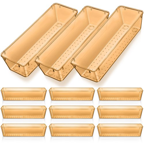 Maitys 12 Pcs Vanity Drawer Organizer 9 x 3 x 2 Inches Clear Plastic Utensil Organizers Kitchen Drawers Dividers for Office Desk Silverware Kitchen Utensils Cosmetics and Bathrooms(Champagne)
